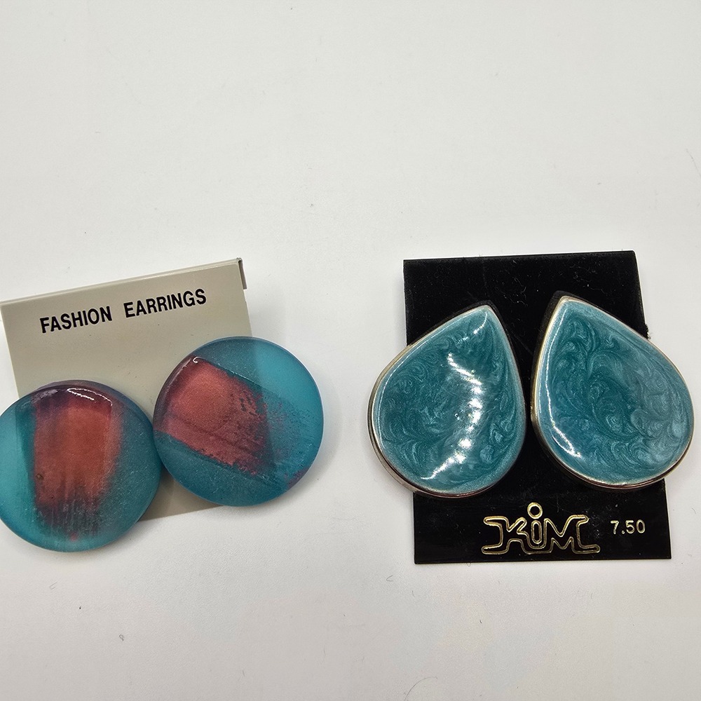 Vintage 80s Earrings Set Teal Red Abstract Resin Teardrop Studs Retro